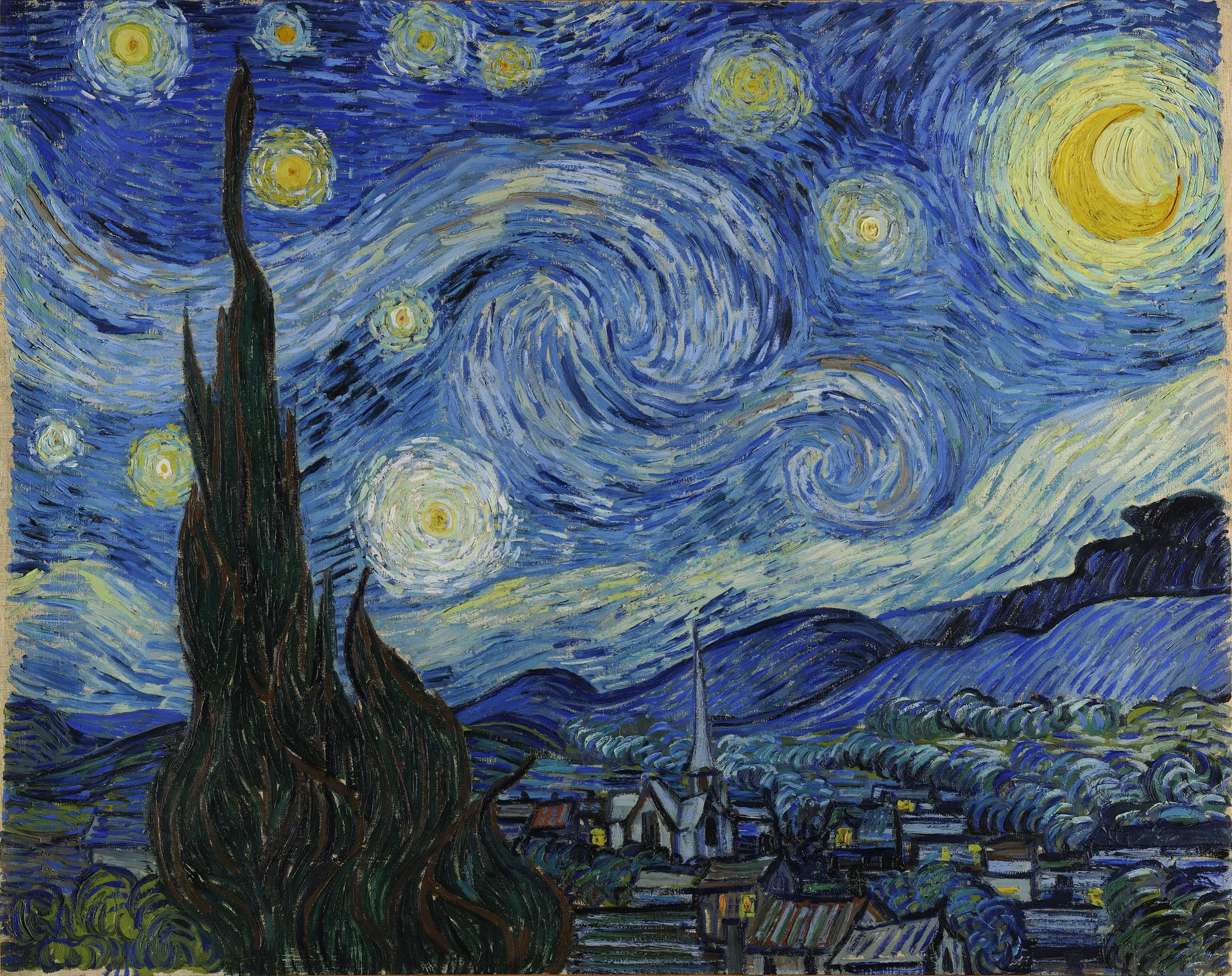 A dark cypress rises above a village beneath a blue, swirling sky with bright stars and a crescent moon.