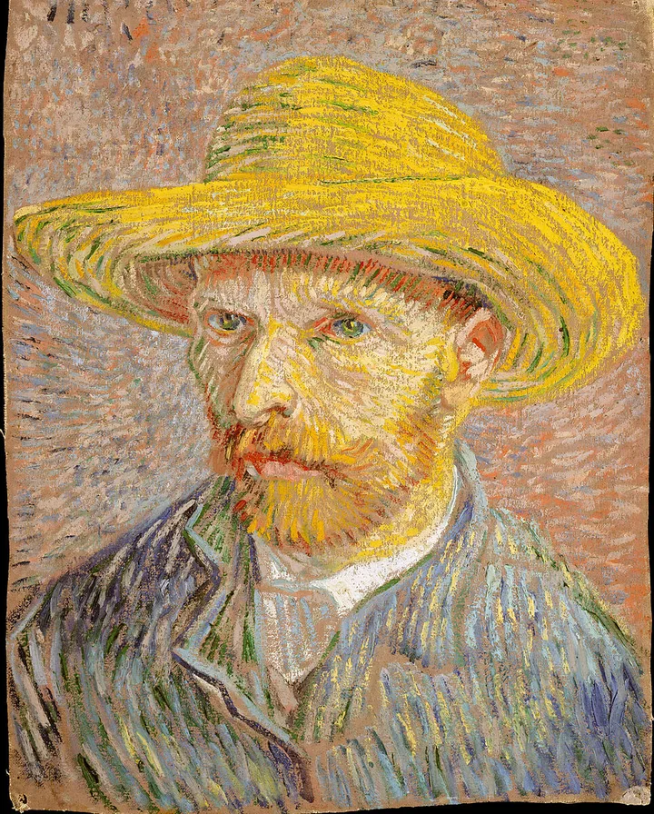 Vincent van Gogh's painted self-portrait wearing a straw hat, used here as a synthetic preview narrator.